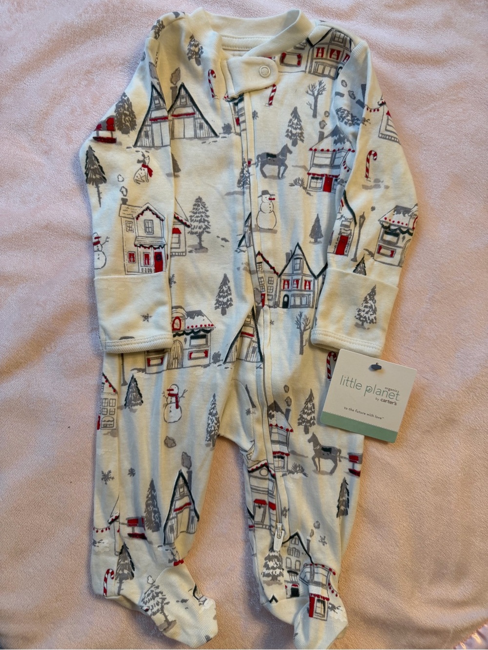 Little Planet by Carter's Holiday Village Footed Organic Sleeper -Cream/Gray/Red